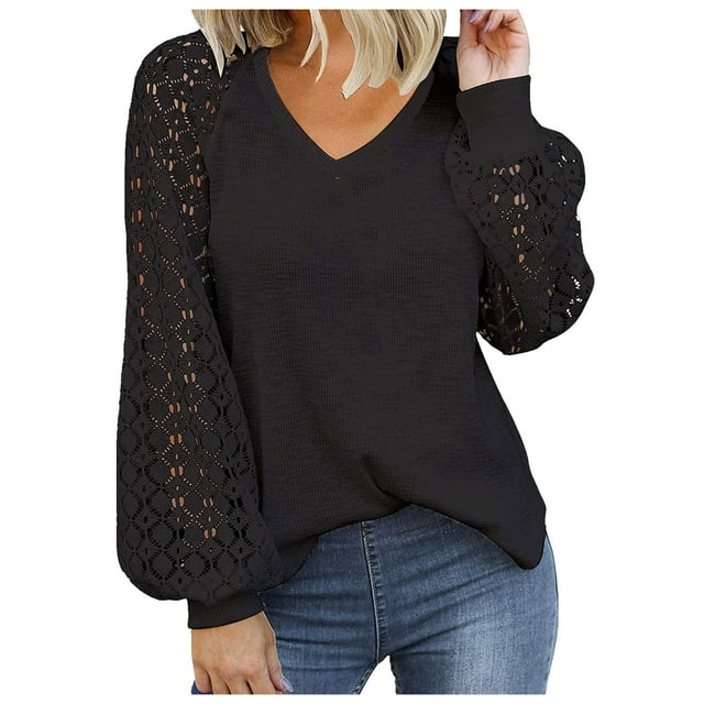 Mikilon Femme T-Shirt à Col en V Ajouré à Manches Longues Automne Blouse Unie Hauts