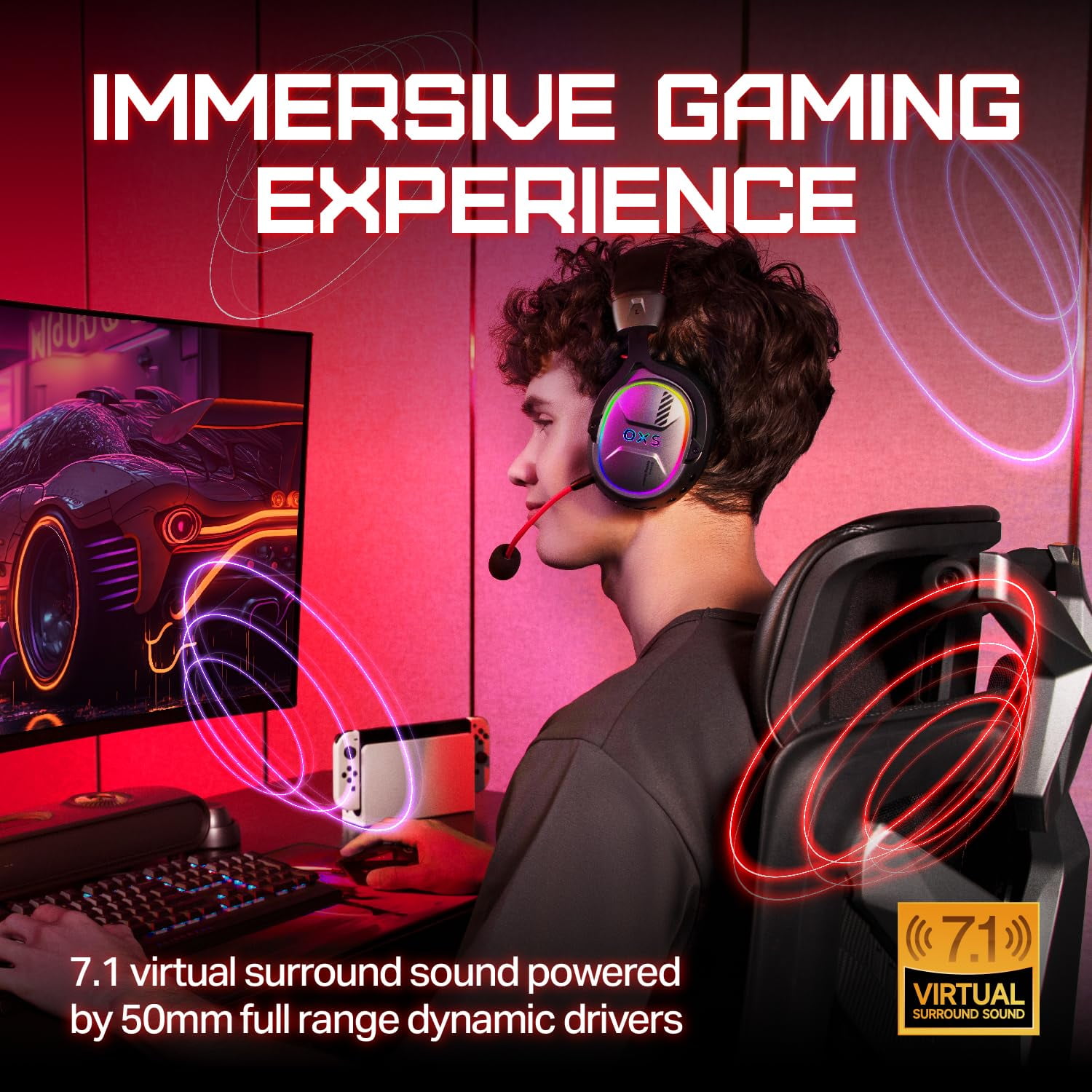 OXS Storm G2 Wireless Gaming Headsets with 7.1 Virtual Surround Sound, Black