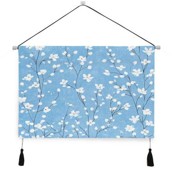 WOBOGO Light Blue Background with White Floral Pattern Living Room Canvas Wall Art Bedroom Study Framed Canvas Print Artwork Home Office Decorations 24.5×16.7in