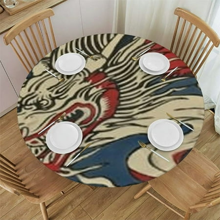 

BANET Chinoiserie Asian Round Tablecloths Navy Blue Turquoise Orange Table Cloth Stain Wrinkle Resistant Washable Table Cover Festival Camping Picnic 54 -58