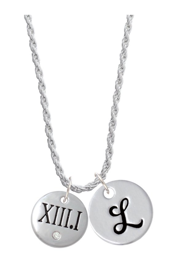 Silvertone Half Marathon with Clear Crystal Roman Numeral Silvertone Script Initial Disc - L - Charm Necklace, 20"+3"