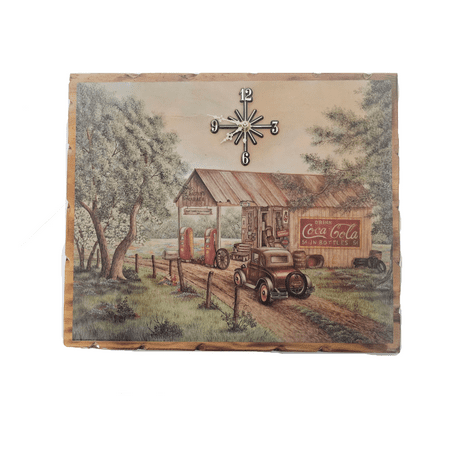 1993 Scafa-Tornabene Art Publishing Co. Coca-Cola Martin's Garage Wood Wall Clock 17 x 15 Inches