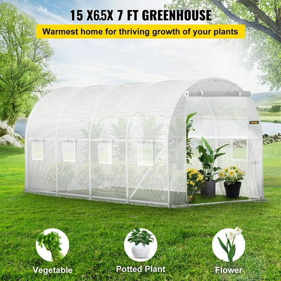 15x6.5x7 ft Portable Tunnel Greenhouse, Galvanized Steel Hoops, Top Beam, 8 Roll-up Windows & Zippered Door, White