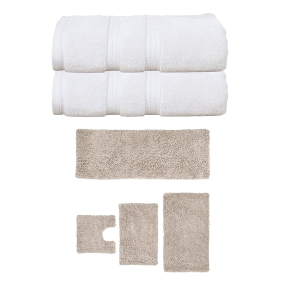Home Weavers Fantasia Collection 100% Soft Cotton Super Absorbent 2 Pcs Bath Towel Set & 4 Pc Bath Rug Combo, Machine Washable & Non Slip (Set of 6), Ivory