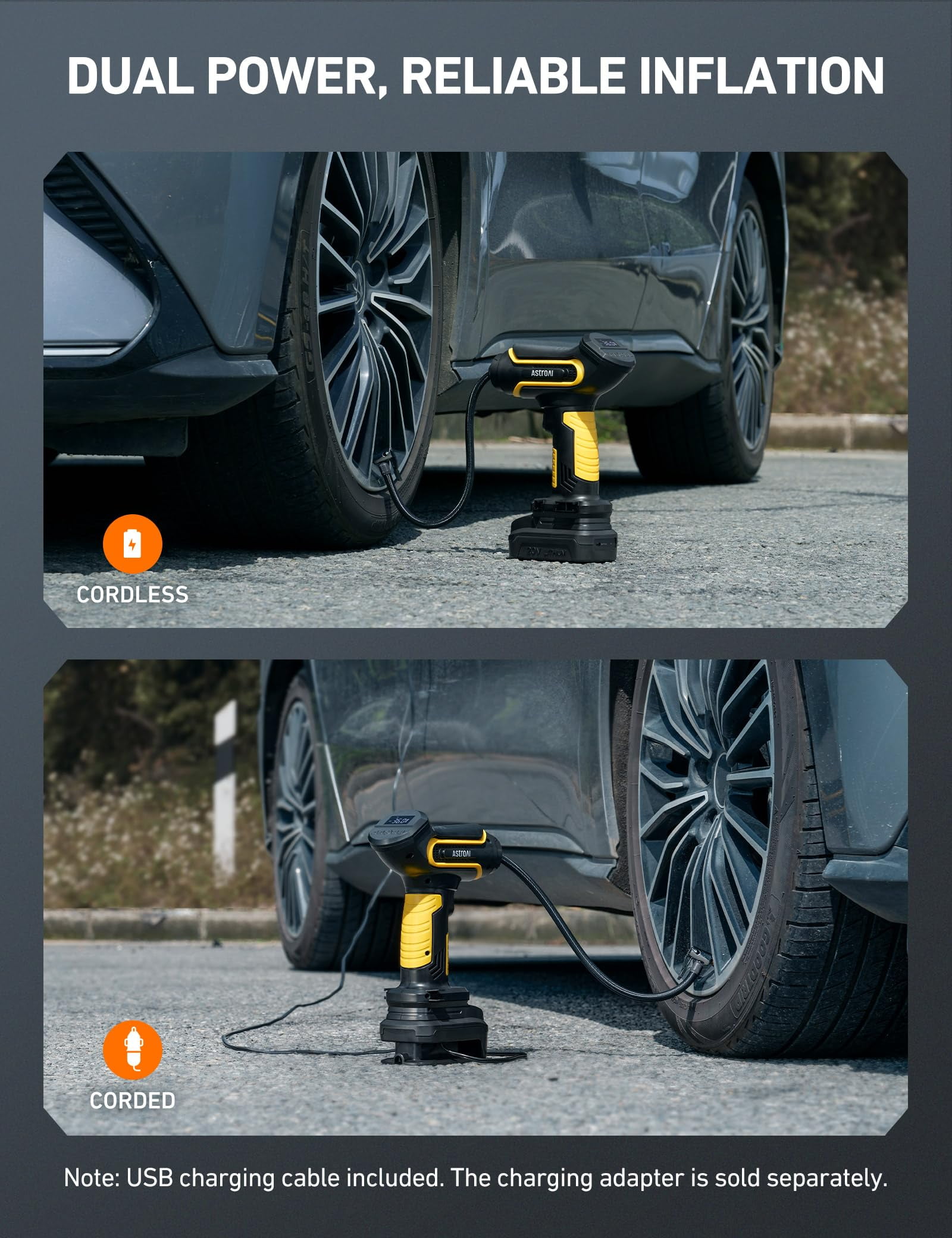 Cordless Tire Inflator, Air Compressor for Car Tires Air Pump 150 PSI, AstroAI Portable Air Pump with Battery, Rechargeable Compact Handheld Electric Automotive Pump, Yellow