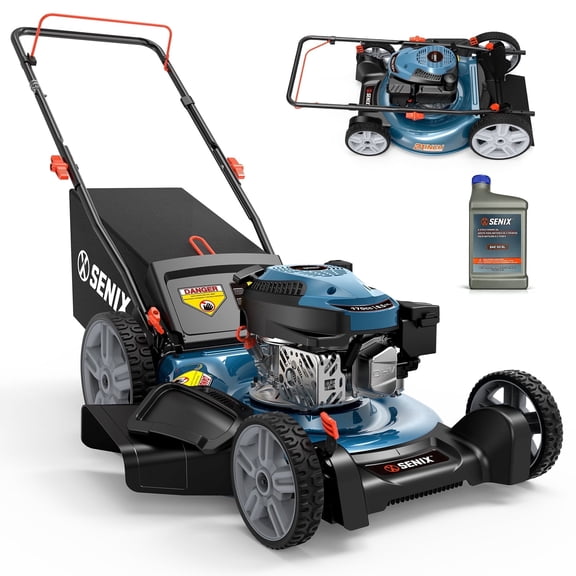 SENIX Gas Lawn Mower 21in Cutting Blade 22in Cutting Deck, 144cc 4-Cycle Engine, 3-In-1, 6-Height Adjustment, 11" Rear Wheels, LSPG-M14