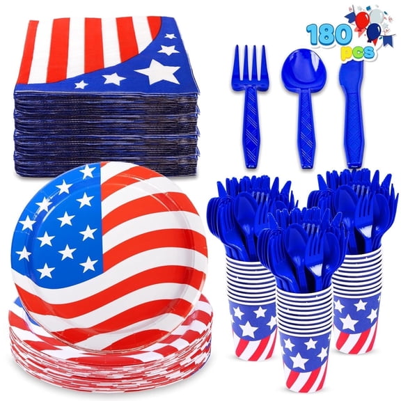 Joyfy 180-Piece Patriotic Party Tableware Set with 30 Plates, 30 Napkins, 30 Paper Cups and 90 Plastic Utensils for Your July 4th Celebration, Patriotic Party Decoration (serves 30)