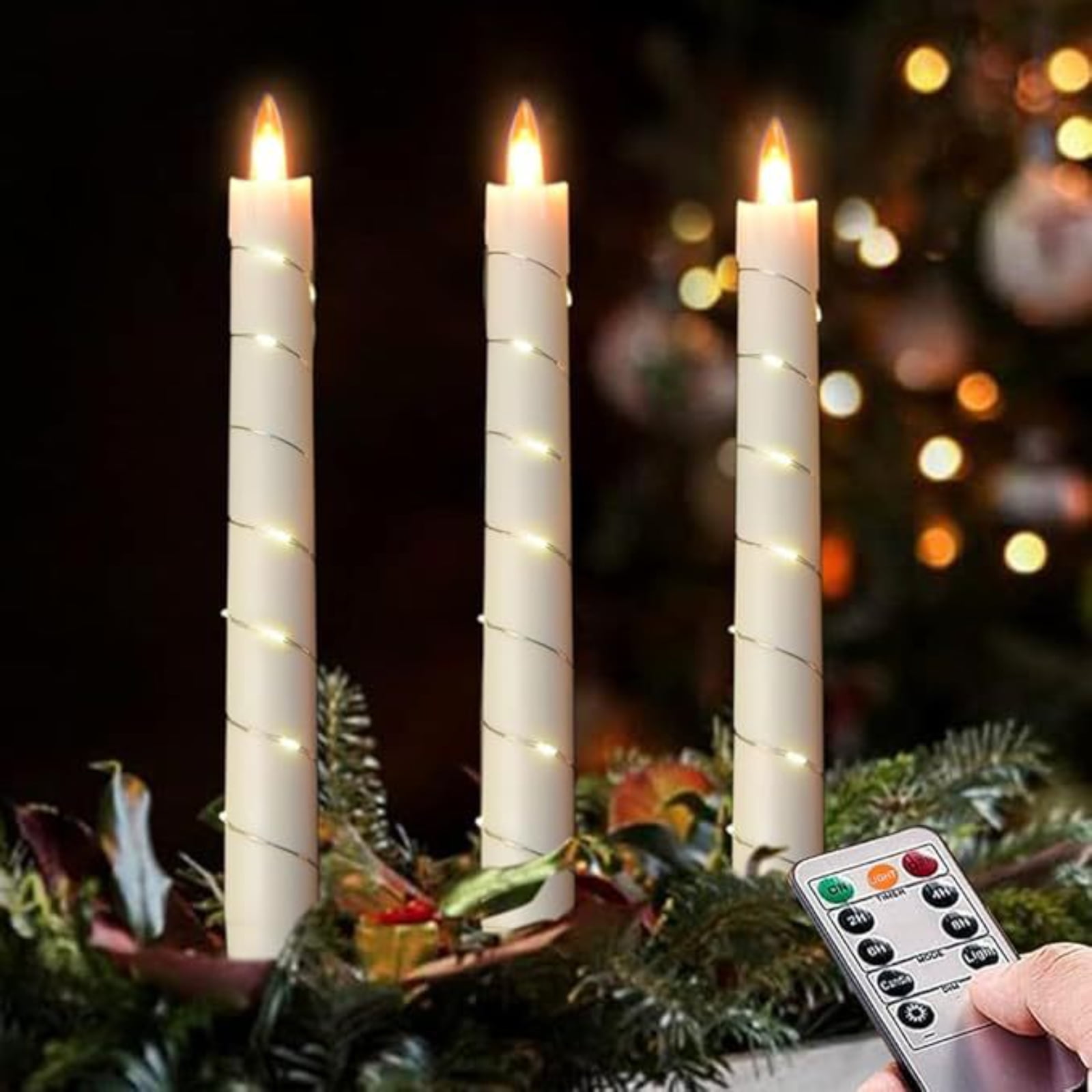9.8Inch Flameless Taper Candles with Remote and String Lights, Ivory Real Wax Taper Candles Battery Operated, LED Flameless Battery Candlesticks for Wedding, Party, Home Decorations (Set of 6)
