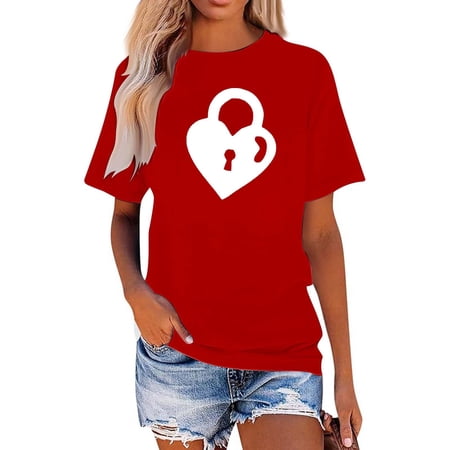 ZHOUCHANKIDS Valentine s Day Graphic Casual T-Shirt Round Neck Short Sleeve Top For Couples Red L
