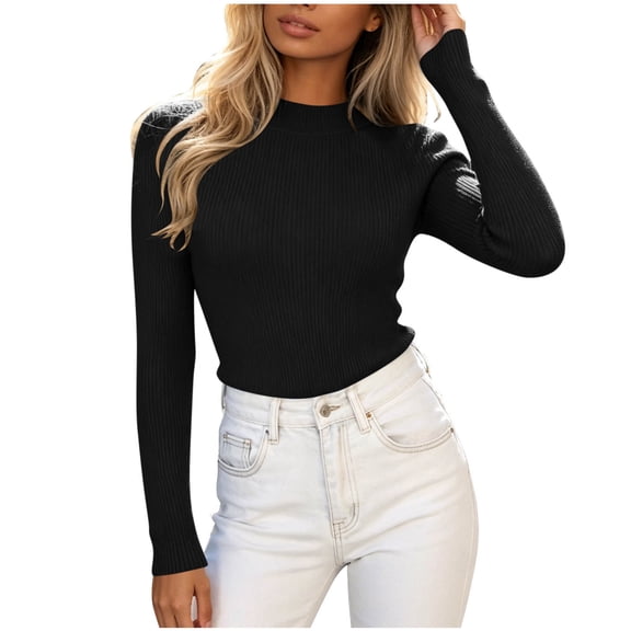 VSSSJ Women's Mock Turtleneck Knit Shirts Long Sleeve Ribbed Lightweight Pullover Sweater Casual Stretch Knitted Base Layer Tops Black Free Size