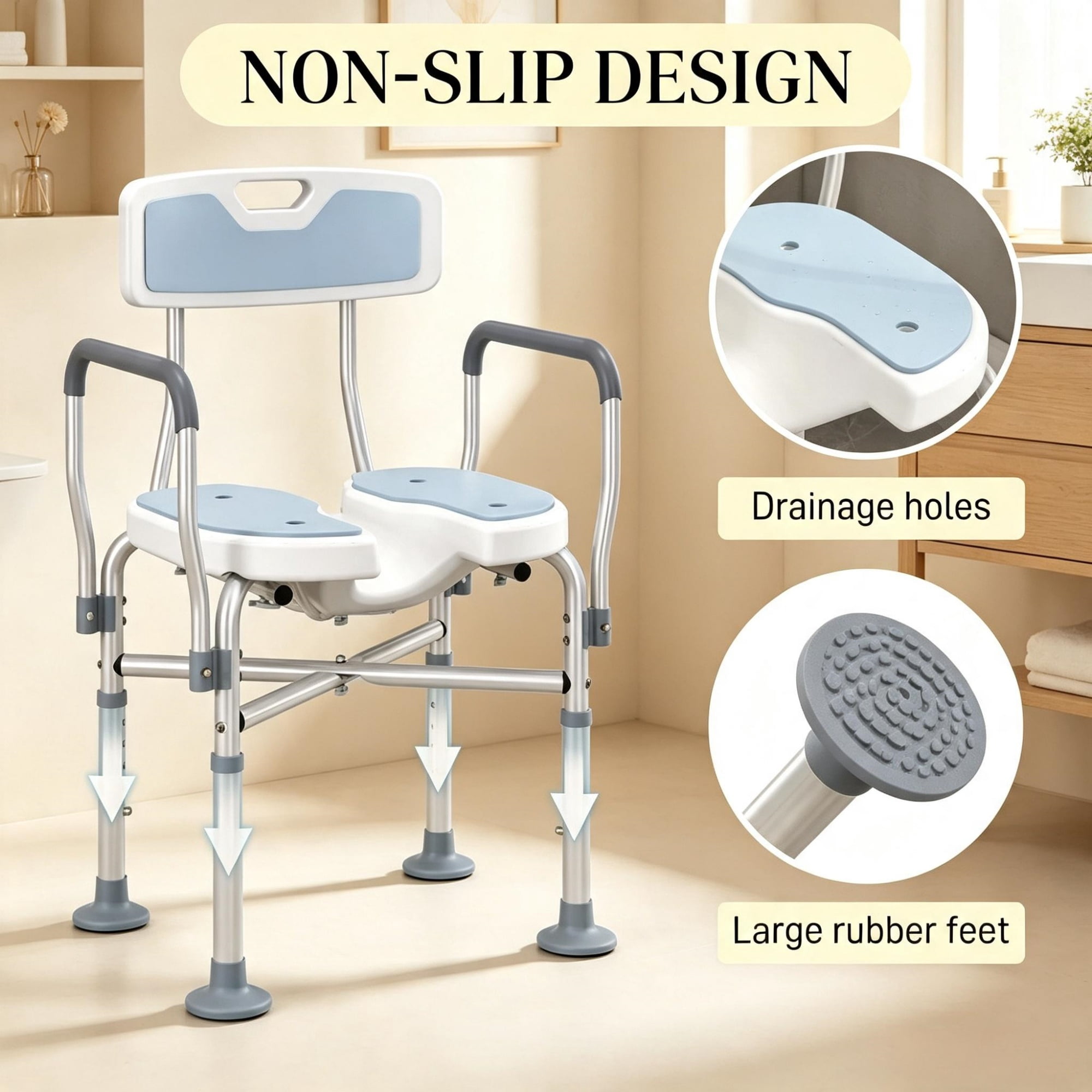 Light Blue Padded Bath Seat, Height Adjustable Anti-slip Shower Chair with Arms and Back