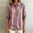 thumbnail image 2 of Morttic Women's Striped Lapel Collar Button Down Shirt – Collared Puff 3/4 Sleeve Blouse, Casual Loose Summer Top Pink，L, 2 of 6