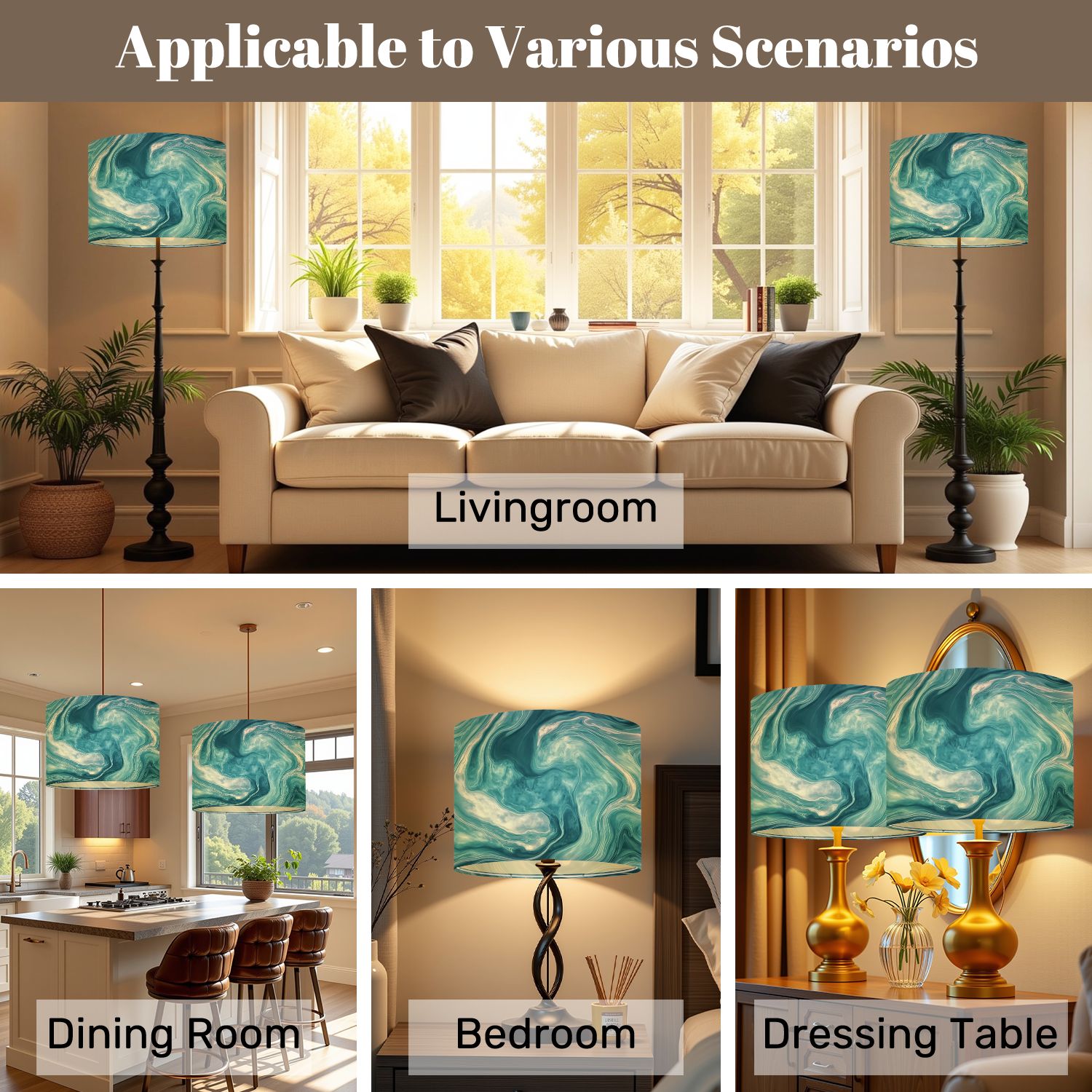 Lampshades 2 Pack teal blue water 13"x13"x10" Light Shade for Table Lamps Floor Lamps Drum Lamp Shades Lampshade Replacement Easy Assembly