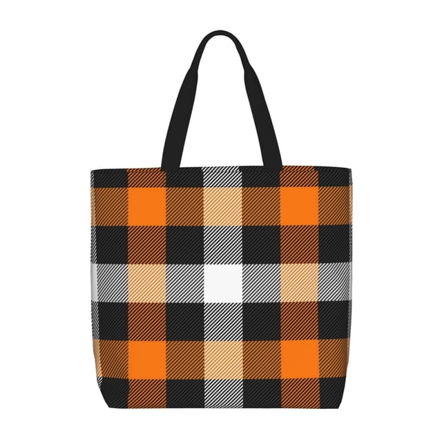 Fotbe Orange Plaid Bolsa Tote con Estampado para Mujer, Bolsos con Cremallera, Bolsa de Hombro Casual de Gran Capacidad con Bolsillos Internos
