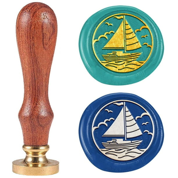 Sello de lacre con forma de velero, sello en relieve de barco, sello de lacre removible de 2,5 cm (1 pulgada) de latón con mango de madera.