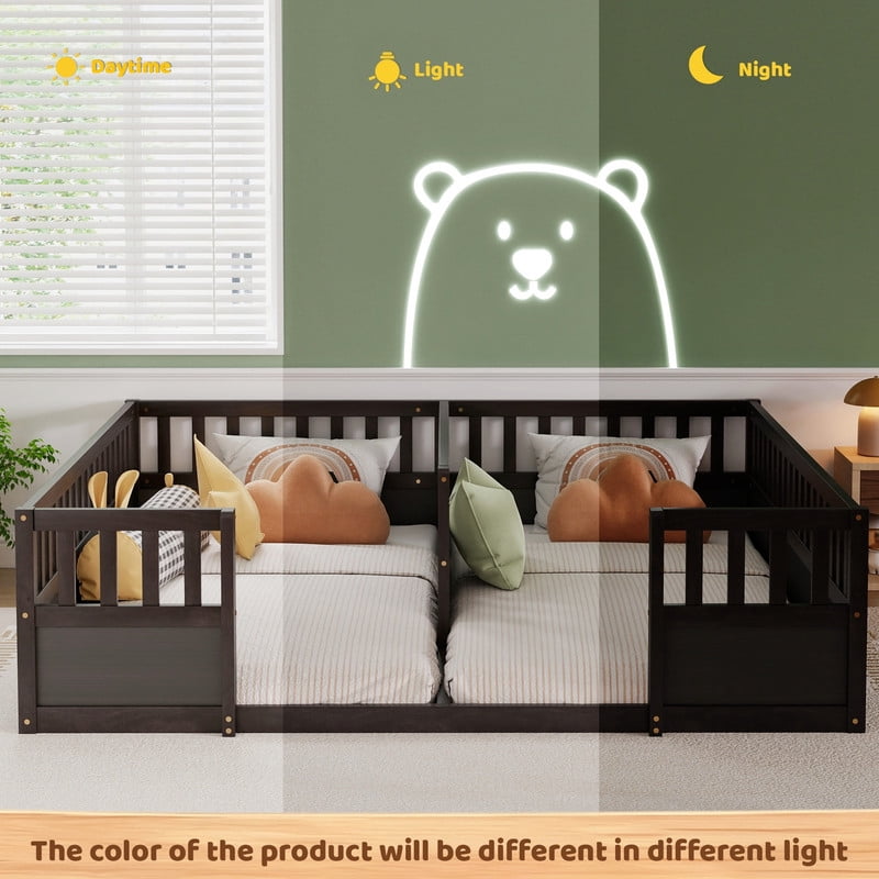 Twin Size Horizontal Floor Bunk Bed Frame with Semi-Enclosed Safety Guardrails, Wood Low Profile Kids Bed with Open Entrance