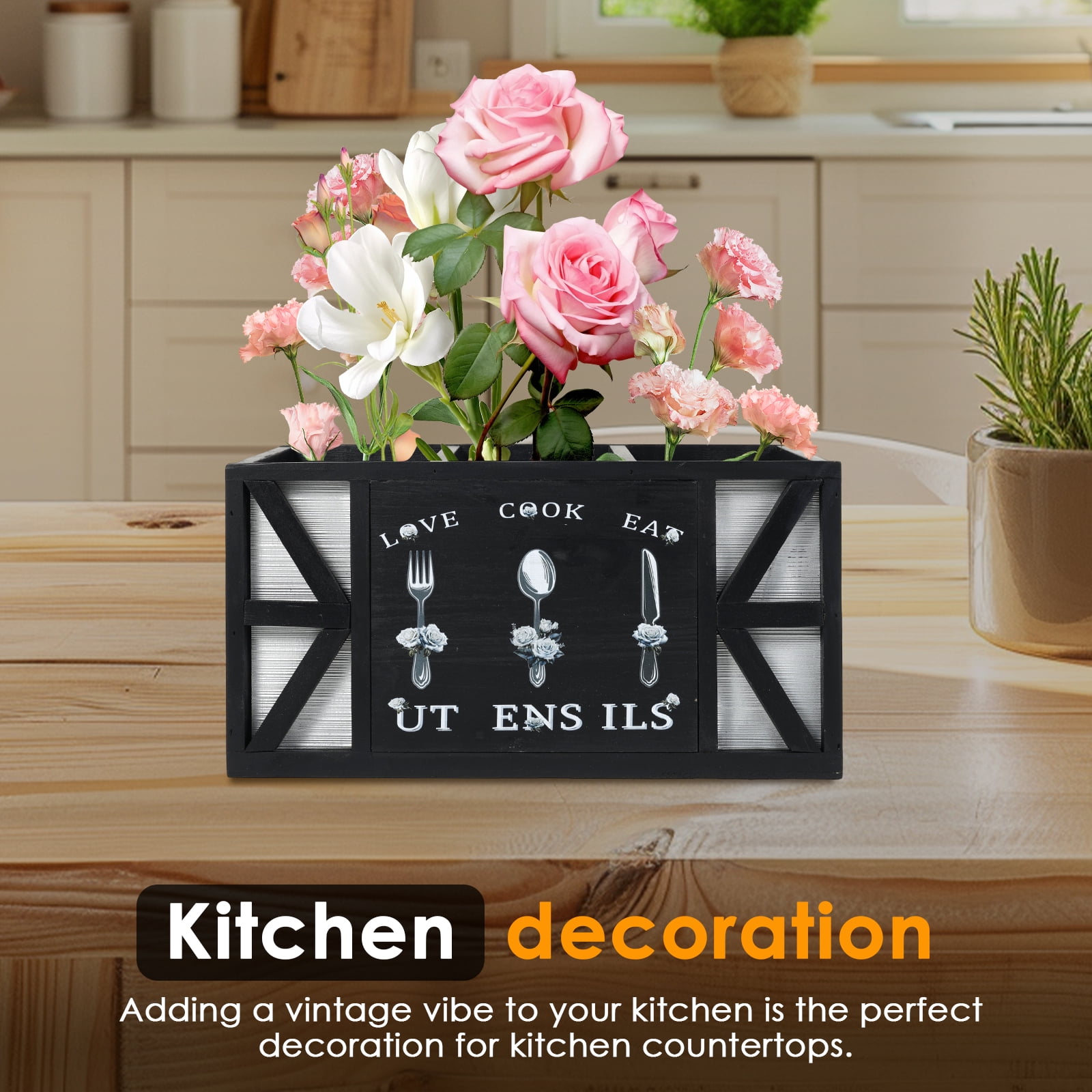 Tzdxfgl Wood Kitchen Utensil Holder, Silverware Organizer with 3 Compartments for Countertop, Black Wood Utensil Caddy for Farmhouse Kitchen Decor