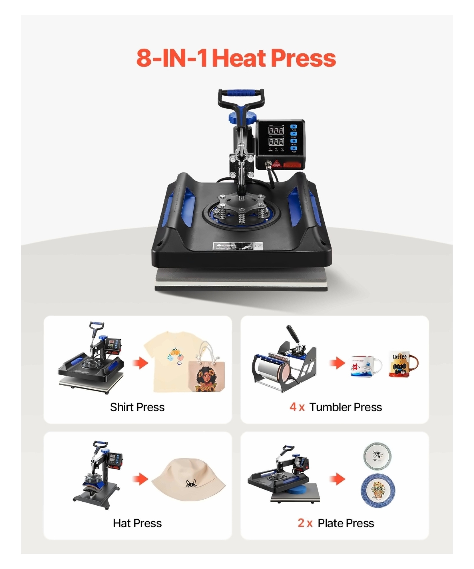 Heat Press Machine 15x15 inch 8 in 1 Sublimation Machine - Digital Control, Swing Away, for T-Shirts, Mugs, Hats
