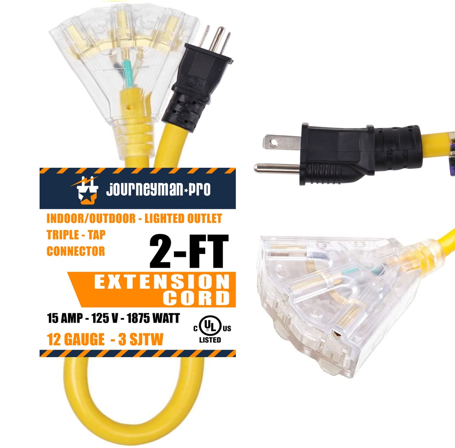 Journeyman-Pro 12/3 Gauge 2ft Yellow 3 Outlets Wedge Extension Cord