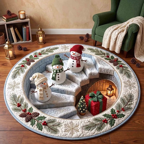 Christmas Snowman Library 3D Rug, Round Holiday Floor Mat, Festive Quilt-Style Rug with Three Gnomes, Christmas Tree and Holly Border, Nonslip Mat for Cozy Holiday Home Deco