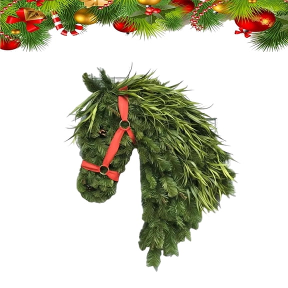 FYHALE Horse Head Wreath for Door, Horse Head Christmas Wreath, 13 * 16 Inch Handmade Horse Head Christmas Wreath, Faux Greenery Holiday Wreaths for Front Door, Barn, Porch Holiday Home Decor
