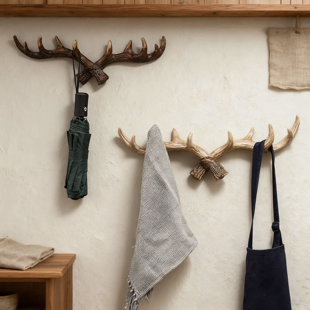 Antler wall hook, decorative coat hook, key hook, clothing store entrance hanging, stylish wall decoration, high-traffic area, foldable design, metal frame, wooden base, 2-tier style, for
