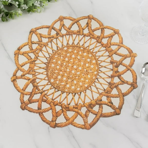 Balsa Circle 10 Brown 16 in Disposable Table Placemats with Rattan Weave Print and Scalloped Rim Party Wedding Tableware Decorations