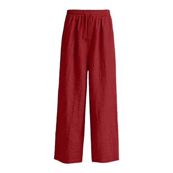 WXFAZCVU Girls Linen Pants Elastic Wide Leg Pants Summer Straight Trousers with Pockets Size 13-14 Years