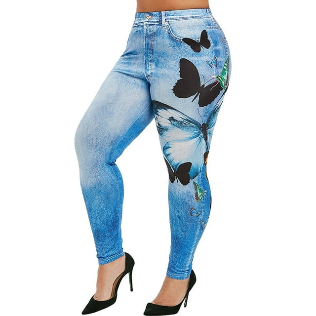 JDinms Leggings en Faux Jean en Denim à Imprimé Papillon pour Femmes