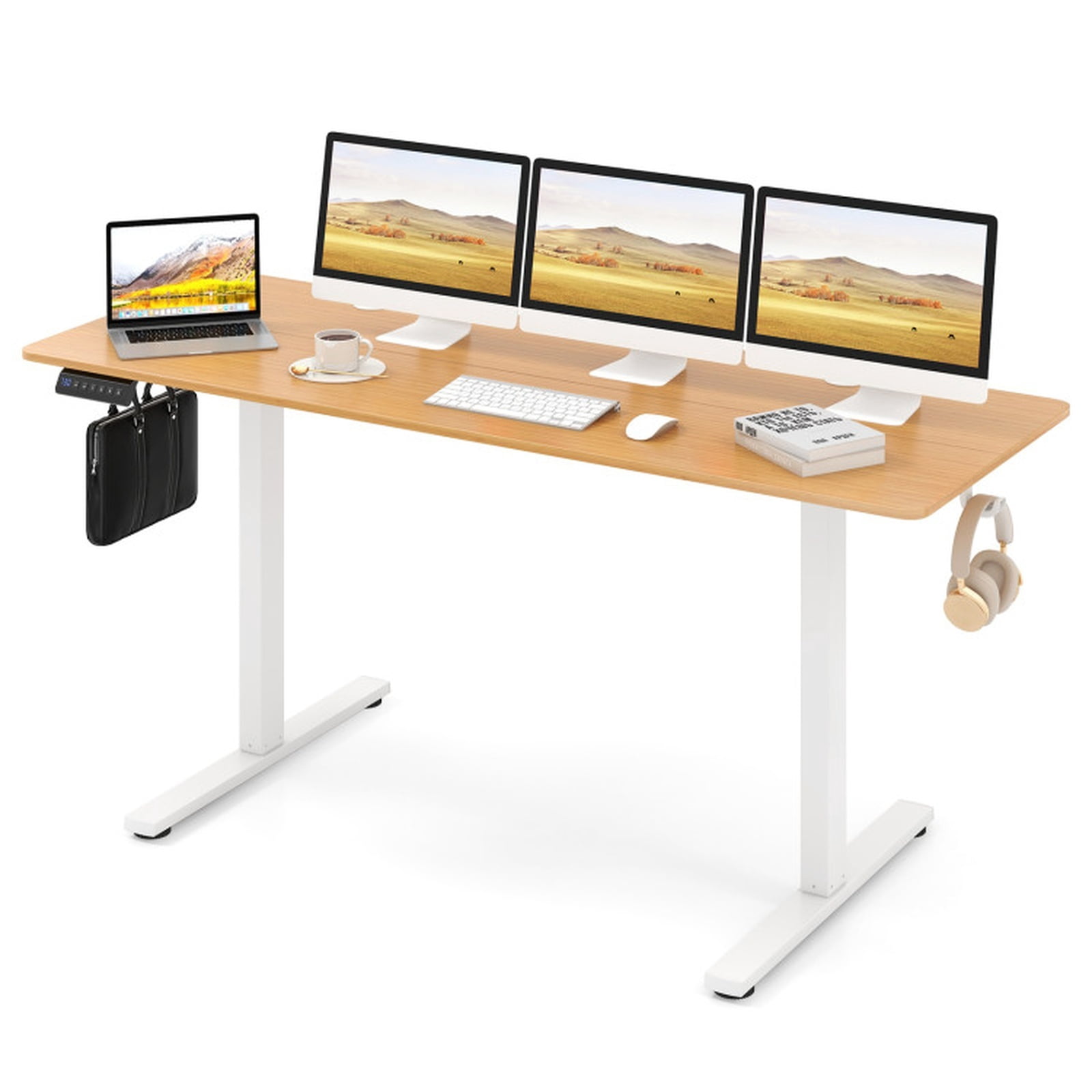 Furnibear Electric Standing Desk with 3 Memory Heights Adjustable Height Sit Stand Home Office Desk with Hooks and Cable Holes, Natural
