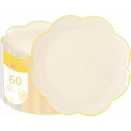 60 Pcs 10.25 Inch Ivory and Gold Plastic Plates - Scalloped Dinner Plate Disposable, Fancy Gold Rim Plastic Tableware Dishes Plates Heavy Duty for Birthday Tea Party