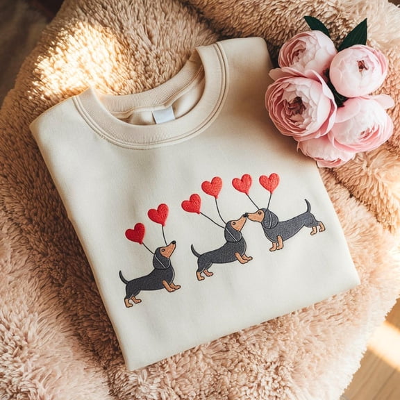 Dachshund With Heart Balloons Embroidered Sweatshirt, Valentine Dachshund Lover Embroidery Shirt, Valentine's Day Dog Mom, Sausage Dogs