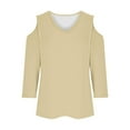 thumbnail image 4 of Womens Cold Shoulder Shirt 3/4 Long Sleeve V-Neck Blouse Casual Loose Fit Top Striped Spring Fall Clothes (Beige M), 4 of 5
