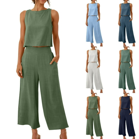 FchengtaiS Women's Summer 2 Piece Outfits Cotton Linen Sets Sleeveless Tank Crop Button Back Top Cropped Wide Leg Pants Set with Pockets