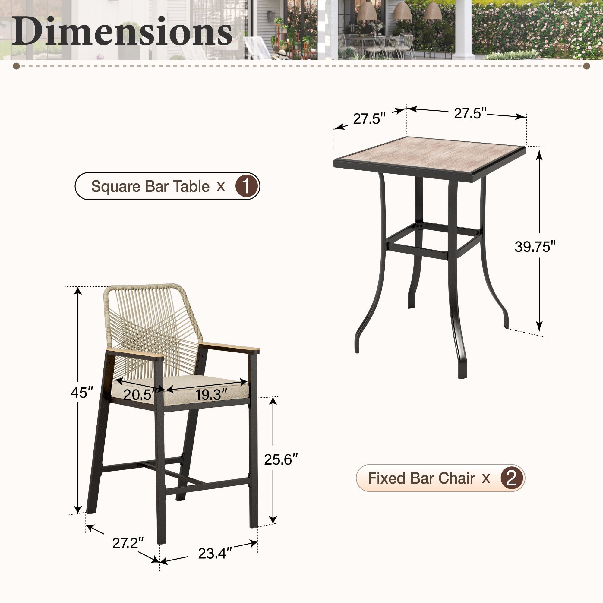 MF Studio 3-Piece Outdoor Patio Bar Set, All-Weather Rattan Bistro Set Dining Set with Removable Cushions, Square Bar Table