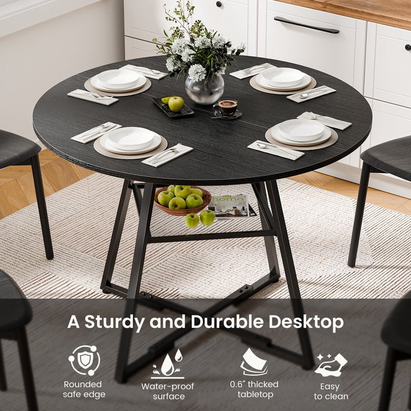 Gianna 42" Round Dining Table for 4-6, Space Saving Kitchen Table with Dual-Tier Storage, Pedestal Metal Frame, Industrial Farmhouse Circle Dinner Table for Apartment, Black