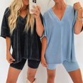 thumbnail image 4 of Clearance!NMMUED Short Sets for Women, 2 Piece Sets for Women Summer, V Neck T Shirts for Women, Lounge Shorts Women, Lounge Sets for Women, Black L, 4 of 8