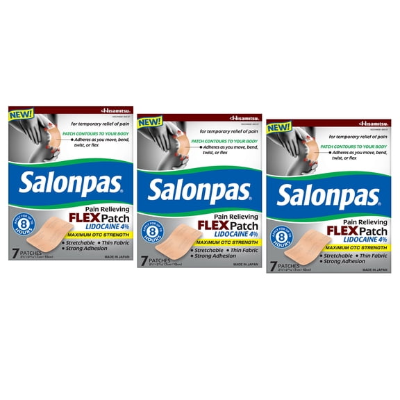 Salonpas Pain Relieving Flex Patch Lidocaine 4%, 7 Count - Pack of 3