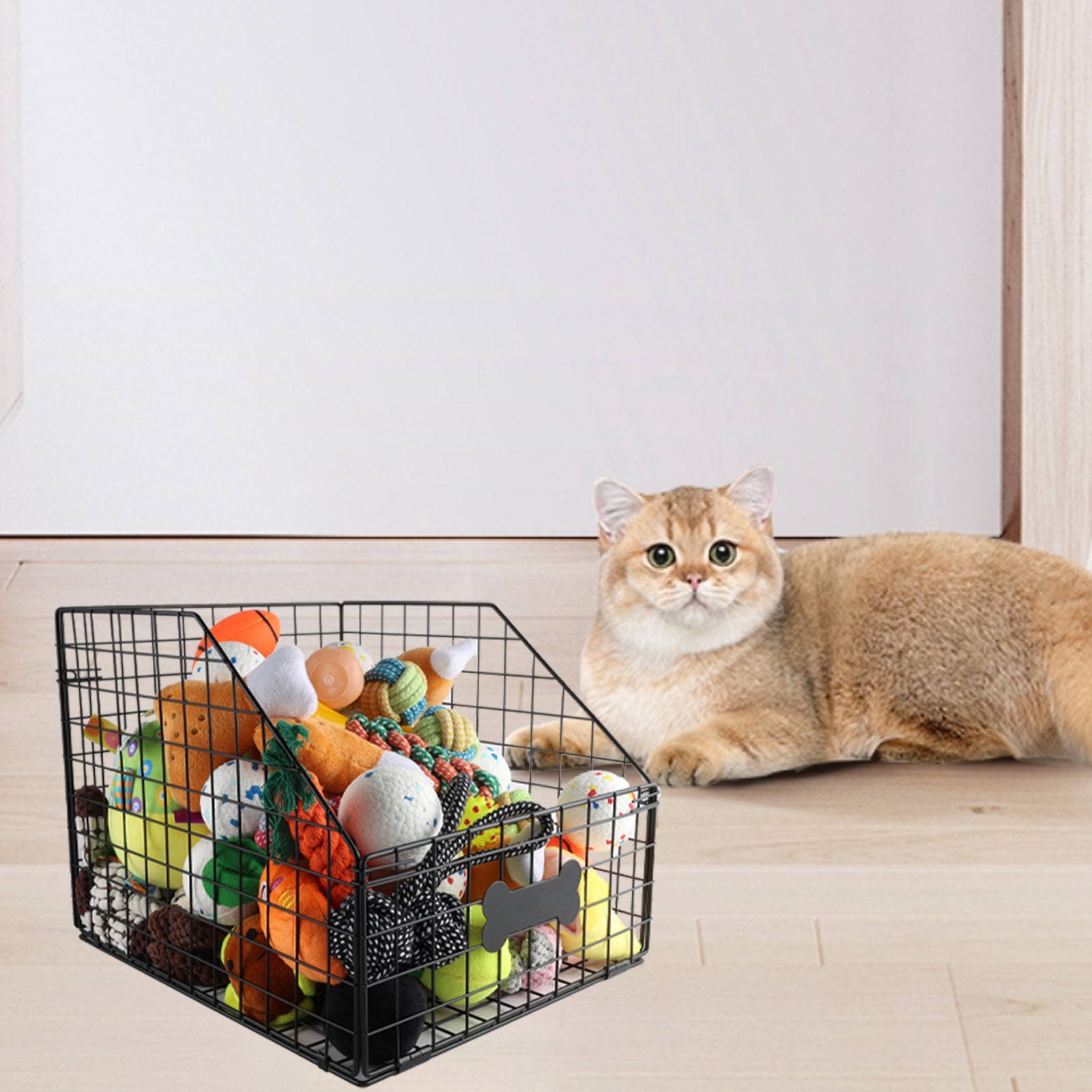Brabtod Collapsible Metal Wire Pet Toy Storage Basket with Personalized Label, Large Capacity Organizer for Dog & Cat Toys, Blankets, and Supplies