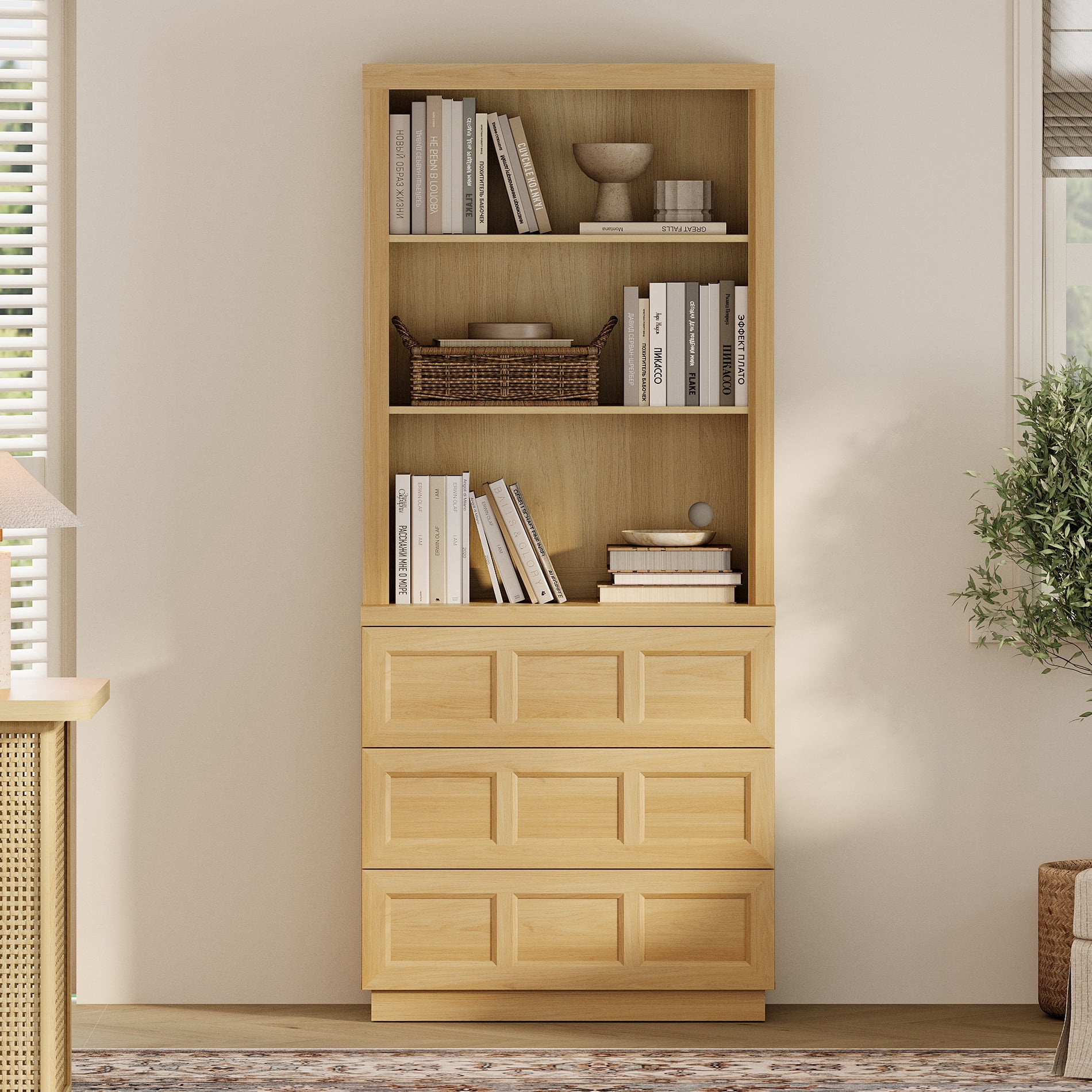 HOMOOI Integrated Bookcase,Boho Rustic Wood Grain Freestanding Book Shelf with Open Display Shelves & 3 Rebound Handle-Free Drawers, Anti-Wobble Bookcase for Living Room,Home Office,Oak