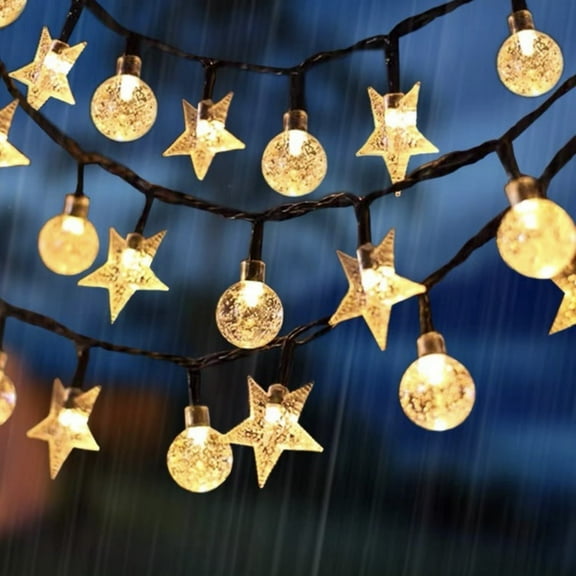 7M 50-Light Solar Pentagram & Bubble Ball String Lights - Warm Tone, Dark Green Cable, 6.8x6.8cm Panel