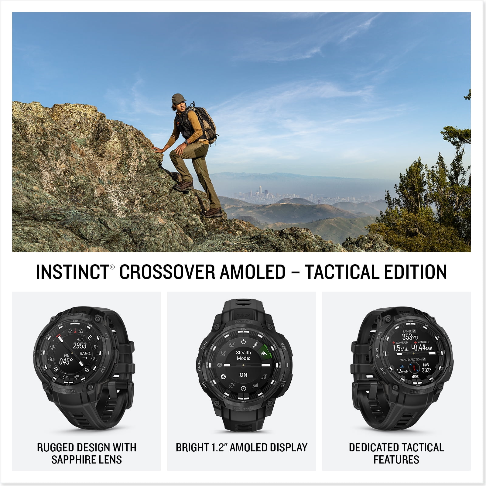 Garmin Instinct Crossover AMOLED - Tactical Edition, Rugged Hybrid GPS Tactical Smartwatch with Analog Watch Hands and Bright AMOLED Display, Black with Black Silicone Band
