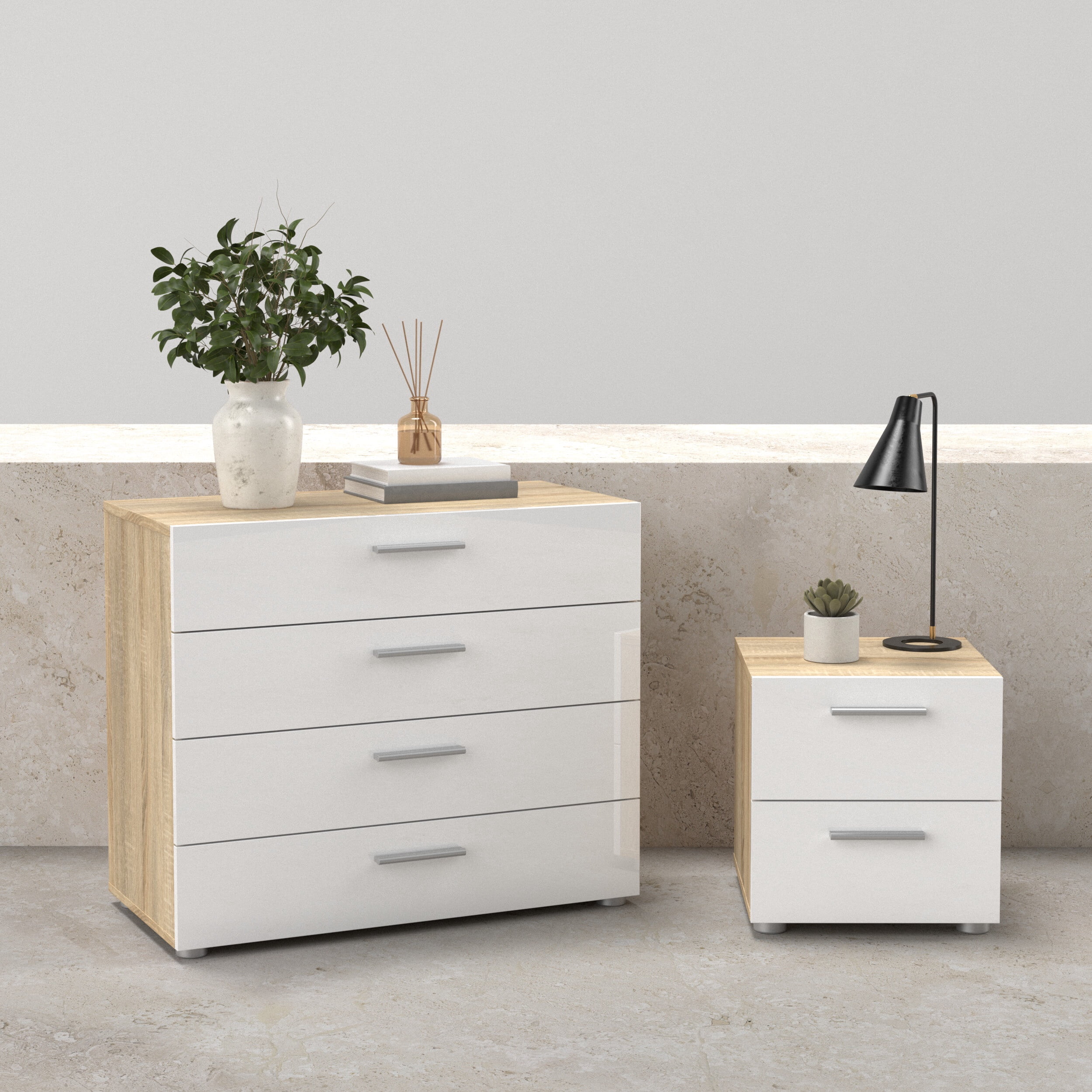 Tvilum Loft 2-Piece Bedroom Set with Chest and Nightstand, Oak/White High Gloss