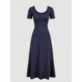thumbnail image 5 of Navy Blue Short Sleeve Square Neck Midi Dress For Women, Slim Fit A-Line Elegant Casual Dress, 5 of 8