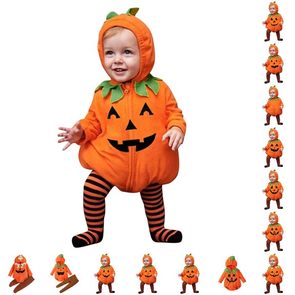 Pumpkin Halloween Outfit Baby Long Sleeve Baby Bubble Romper with Striped Pants Set Halloween Outfits for Baby Girls 6-12 Months