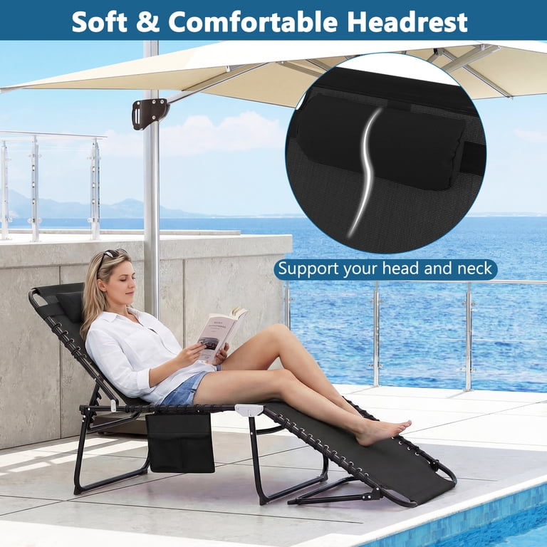 Costway Folding Lounge Chaise with Adjustable Backrest, Black photo 6