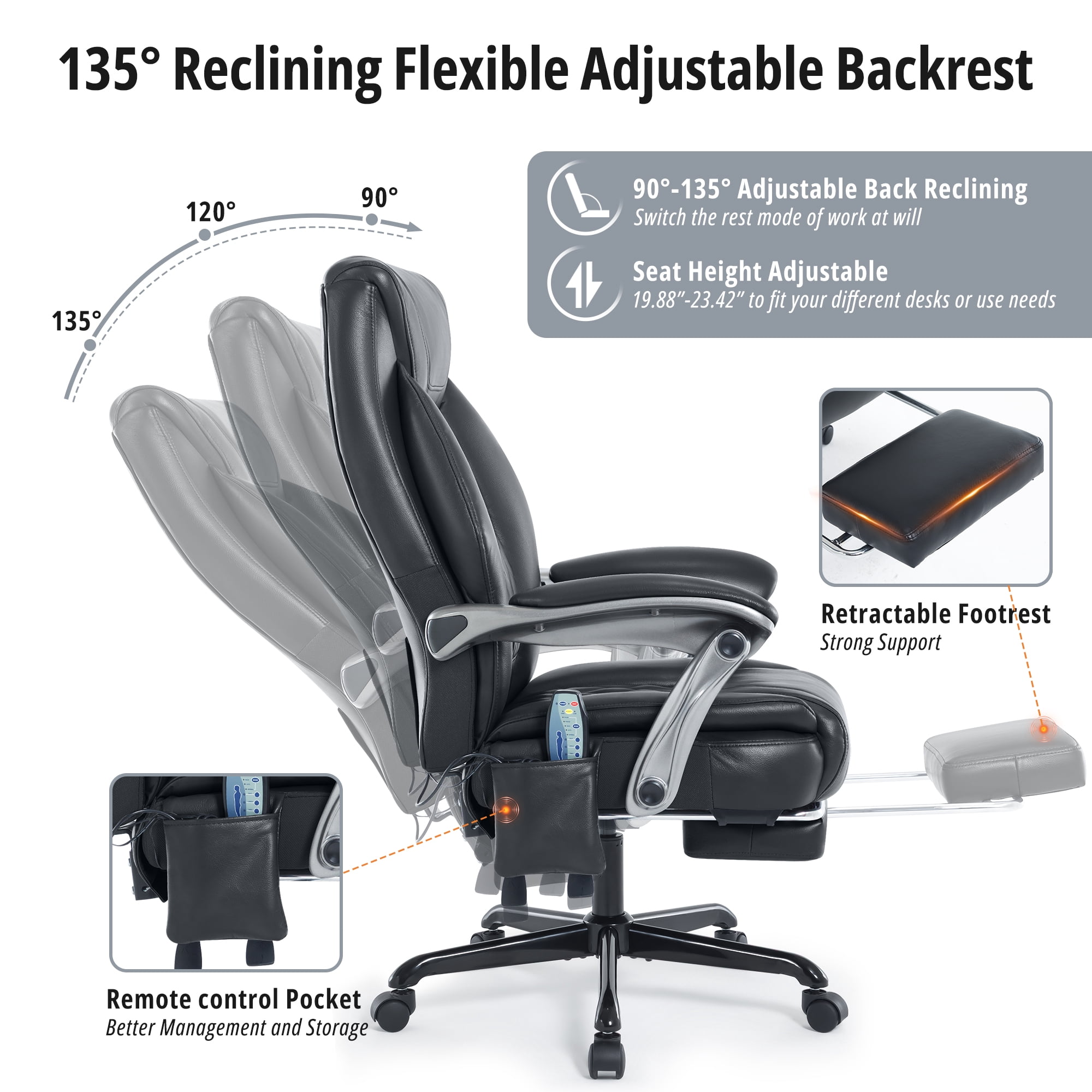 6-Point Massage Office Chair with Lumbar Support, Reclining Ergonomic Computer Desk Chair with Footrest for Full Support, PU Leather High Back Executive Computer Chair, Heated Executive Office Chair