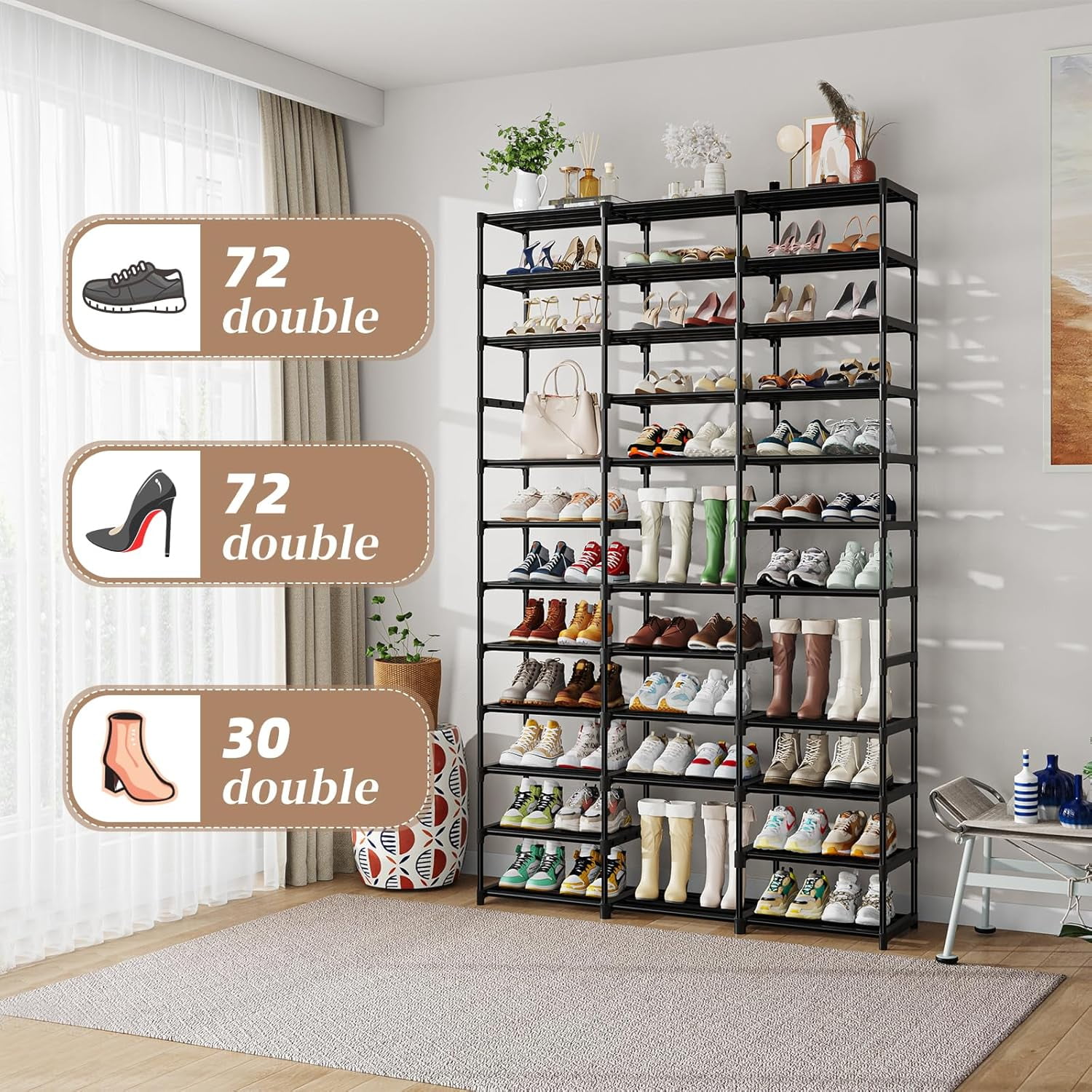 Large Capacity 72 Pair Tall Shoe Rack 3 Row 12 Tier Sturdy Metal Organizer Black Bestseling