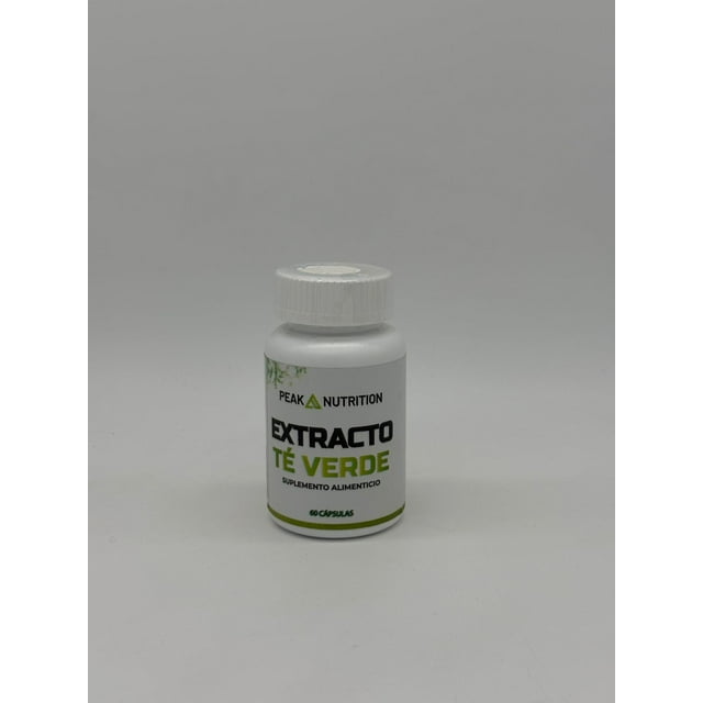 extracto de té verde 60 cápsulas | suplemento alimenticio natural peak nutrition frasco blanco, vista frontal centrada con etiqueta que muestra el logo Peak Nutrition y el texto "EXTRACTO TÉ VERDE", tapa de rosca blanca y fondo neutro; indica 60 cápsulas y uso fácil para integrar a la rutina diaria; a menudo se emplea como complemento diario en regímenes de bienestar.