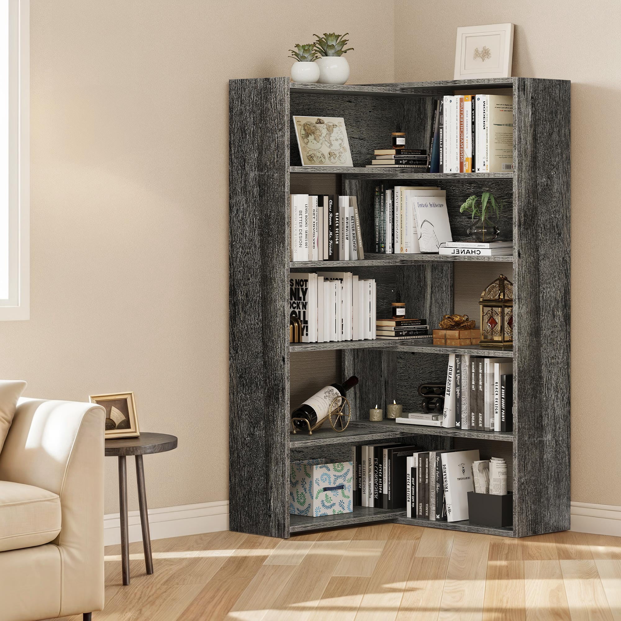 Dextrus 5 Tiers Bookcase with Baffles, Industrial Large Etagere Corner Bookshelf, Display Rack, Gray